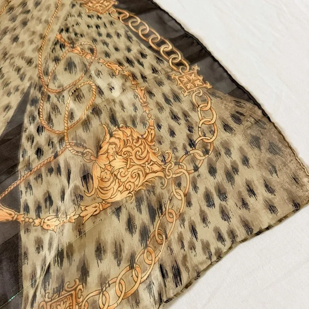 Vintage Silk Scarf Brown Gold Equestrian Chain Tassel Metallic Square 35x35